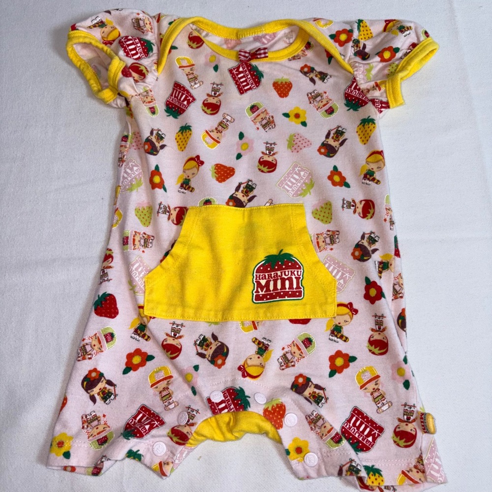 Harajuku Mini Romper 6 months Pink Yellow fair Strawberry Graphic Print Bow